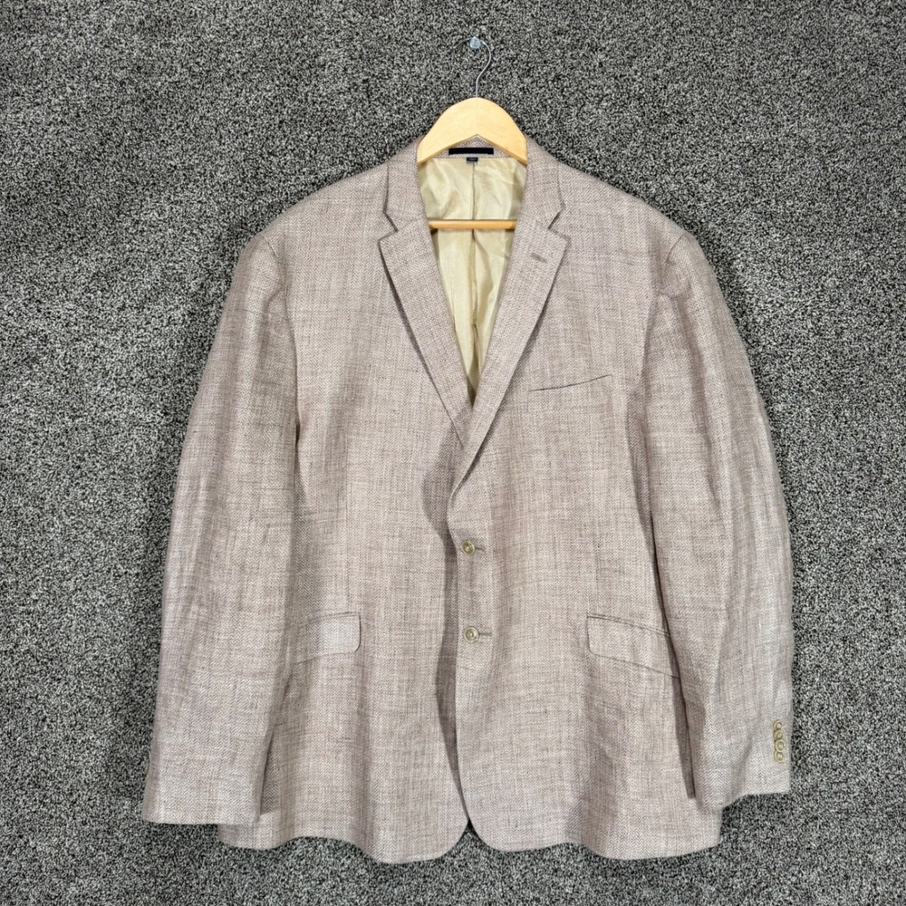 Jos A Bank Blazer Men 50R Tailored Fit Taupe Herringbone Linen Sport Coat Jacket